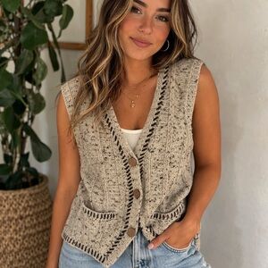 IVY Speckled Knit Sweater Vest Rustic Buttons Pockets Cottagecore L